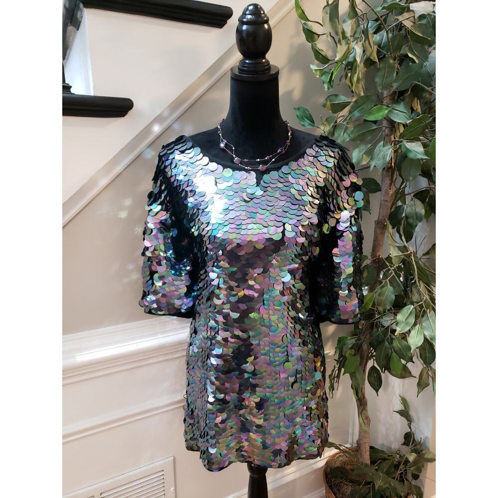 Vintage Elisabeth Liz Claiborne Top Women Size L Black Sequin Party Cotton